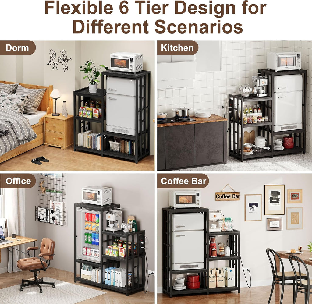 Mini Fridge Stand Coffee Bar Cabinet Station With Small Refrigerator Insert Storage Space, Shelf Organizer For Dorm Microwave To Sit, Black Baker Rack With Power Outlet, Big Table To Go Over Fridge