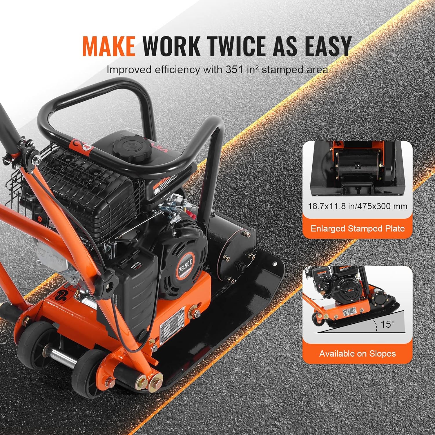 VEVOR Plate Compactor, 2.8 HP 78.5CC Gas Engine 5,250 VPM, 1,920 lbs Force Vibratory Compaction Tamper with 18.7 x 11.8 inch Plate for Walkways, Patios, Asphalts, Paver Landscaping, EPA Compliant