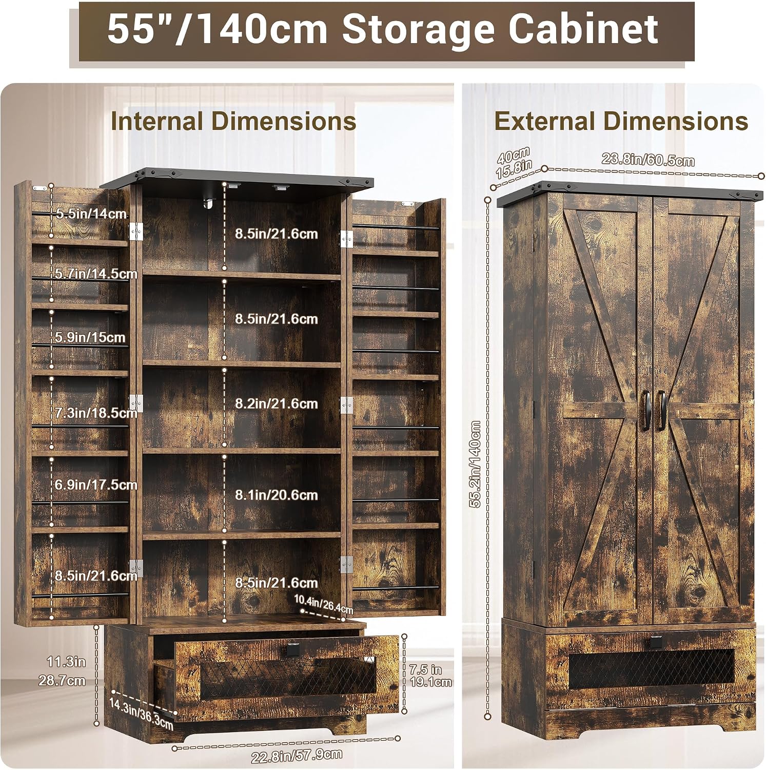 kepptory Pantry Cabinet with Adjustable Shelves and Drawer, Kitchen Cabinet Buffet Cupboards Storage for Home Office (Brown, 16' D x 24' W x 55' H)