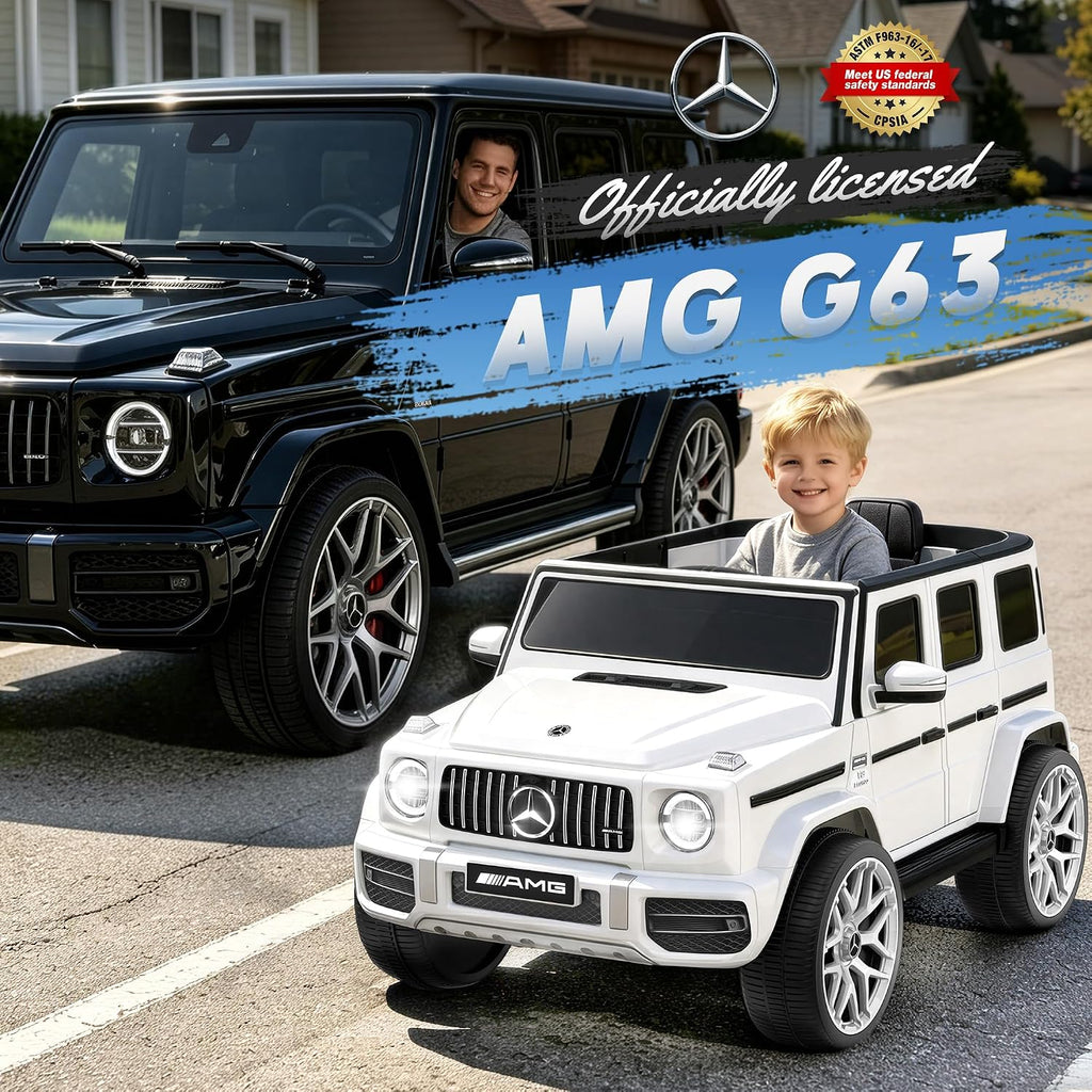 Licensed Mercedes Benz G63 Kids Electric Car, 12V G Wagon Ride on Car w/Safety High Window, Remote Control, 3 Speeds, Music Player, Horn & LED Lights for Toddlers (White)