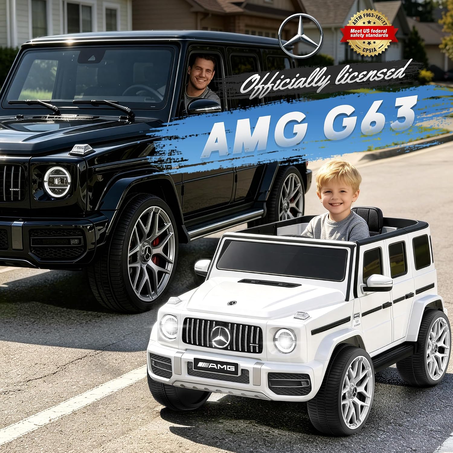Licensed Mercedes Benz G63 Kids Electric Car, 12V G Wagon Ride on Car w/Safety High Window, Remote Control, 3 Speeds, Music Player, Horn & LED Lights for Toddlers (White)
