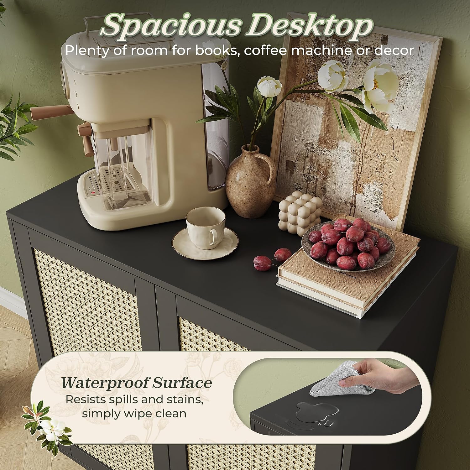 Huuger Buffet Cabinet with Storage, Storage Cabinet with Synthetic Rattan Decor Doors, Solid Wood Feet, for Hallway, Entry, Living Room, Black
