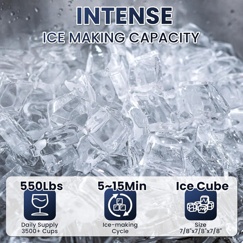 Coolake Commercial Ice Maker Machine 550lbs/24H with 360lbs Storage, 22' Air Cooled Stainless Steel Industrial Ice Machine, Filter Reduce Water Scale up to 99% for Restaurant Hotel, DOE ETL Listed