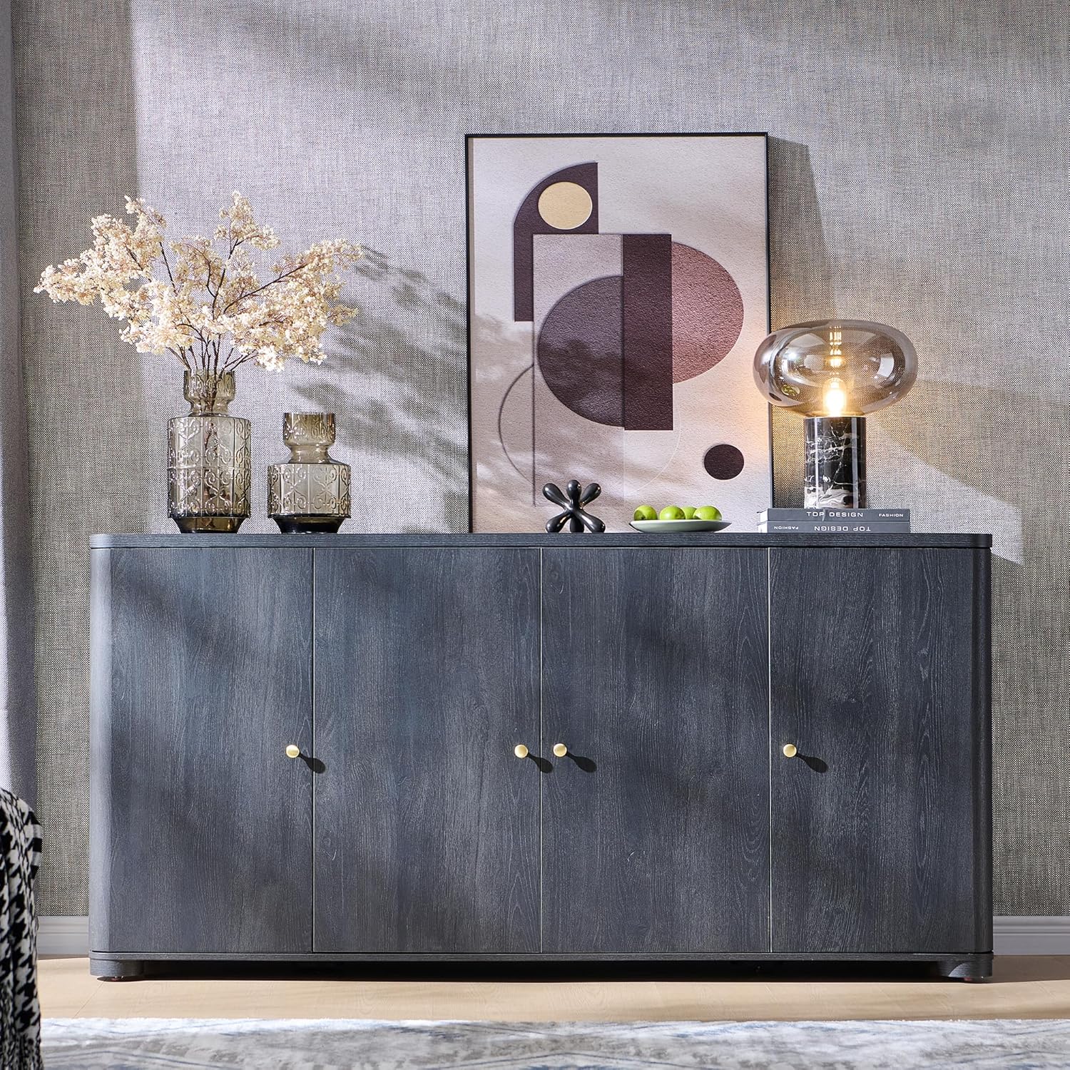 IFGET Curved Buffet Cabinet with Doors, 66' Large Sideboard Buffet Storage Cabinet with 4 Doors and Shleves, Modern Coffee Bar Station Wood Kitchen Table for Kitchen, Dining Room, Dark Grey